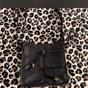 Black Leather Crossbody Bag with Front Pockets and gold accents